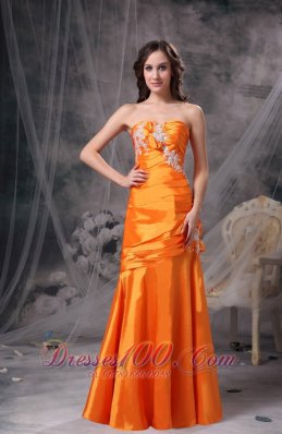 Orange Ruch Column Evening Dress Taffeta Appliques