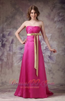 Satin Brush Prom Evening Dress Hot Pink with Ruch Bowknot
