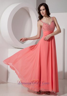 Ankle-length Straps Watermelon Beading Evening Dress