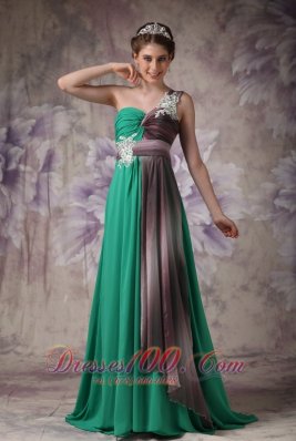 One Shoulder Green Brush Evening Dress with Appliques
