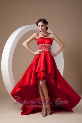 Beading High-low Strapless Prom Dress Red A-line