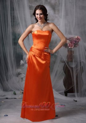 Orange Red Column Satin Ruched Prom Dress Strapless