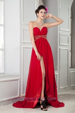 Front Split Wine Red Beads Evening Gown Brush Train