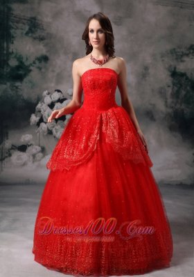 Red Ball Gown Sequined Quinceanera Dress Layered