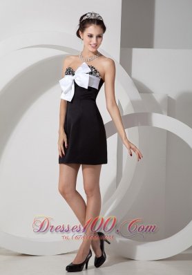 Black Satin Beading Mini-length Bow Cocktail Dress