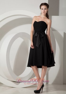 Sashed Tea-length Black Chiffon Bridesmaid Dress