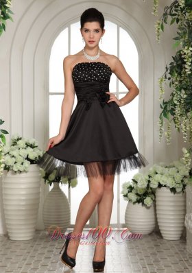 Beaded Handle Flowers Tulle Black Cocktail Dress