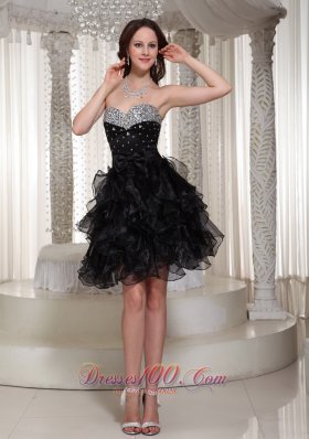 Beaded Sweetheart Black Cocktail Dress with Ruffles