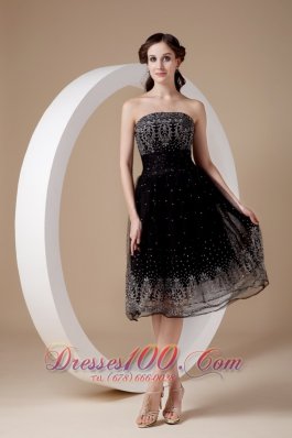 Organza A-line Embroidery Tea-length Black Prom Dress