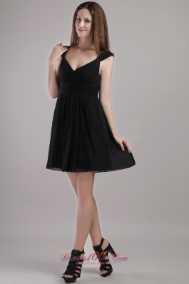 V-neck Black Mini-length Chiffon Bridesmaid Little Black Dress