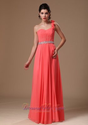 Floral One Shoulder Watermelon Beaded Chiffon Maxi Gowns