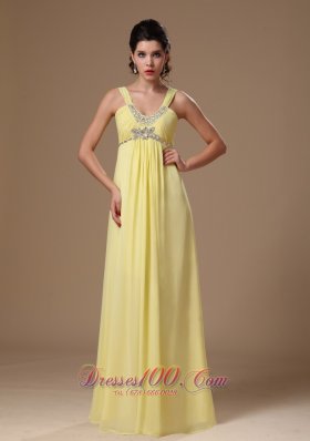 Light Yellow Straps Beaded Chiffon Prom Graduation Dress