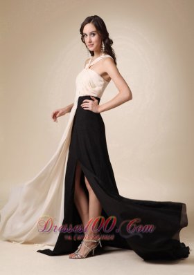 champagne and Black Keyhole Opening Chiffon Evening Dress