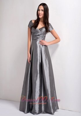 Grey Mother Dress V-neck Ruch Floor-legnth Taffeta