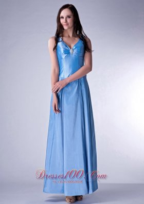 Baby Blue Cloumn V-neck Bridesmaid Dress Beading Ankle-length