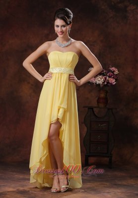 Yellow High-low Prom Holiday Dress With Belt Decorate