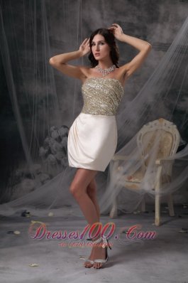 Champagne Evening Dress Strapless Satin Beading and Ruch