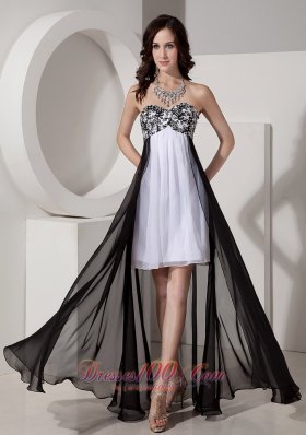 Black and White Beaded High-low Prom Dress with Appliques