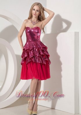 Hot Pink Prom Cocktail Dress Sweetheart Chiffon and Sequin Knee-length