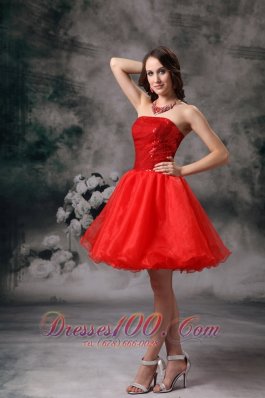Clearance Red Strapless Cocktail Dress Organza Mini-length