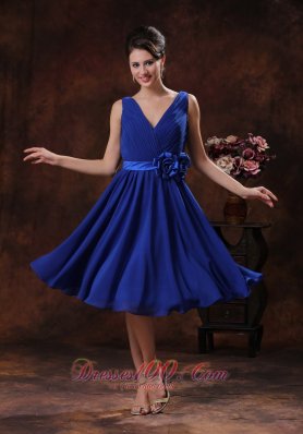 Floral Roral Blue V-neck Ruched Bridesmaid Dress