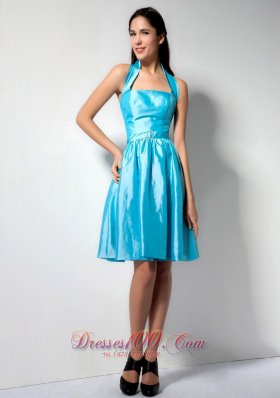 Aqua Blue Halter Taffeta Knee-length Dama Dresses