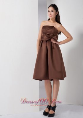 Knee-length Satin Bow Brown A-line Dama Dress