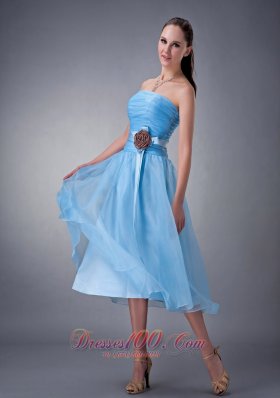 Hand Made Flower Blue Chiffon Dama Dresses Strapless