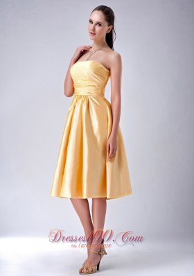 Satin Gold Strapless Tea-length Bridesmaid Dama Dress