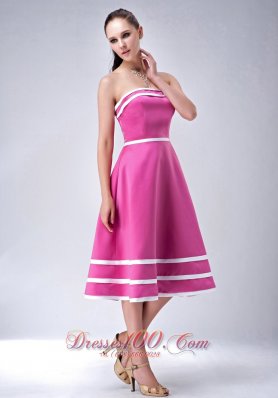 Satin Hot Pink StraplessTea-length Bridesmaid Dress