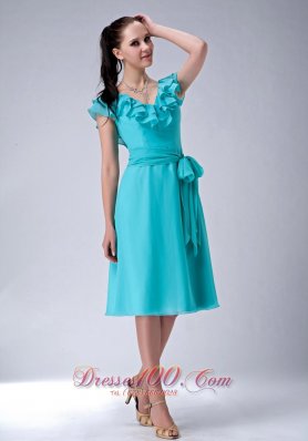 Cap Sleeves Turquoise V-neck Chiffon Bridesmaid Dama Dress