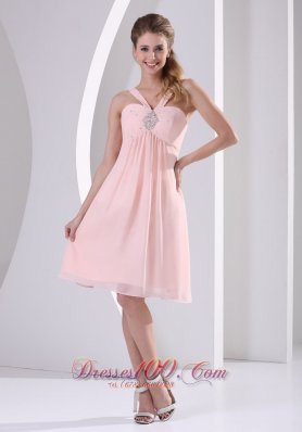 V-neck Baby Pink Empire Knee-length Prom Dama Dresses