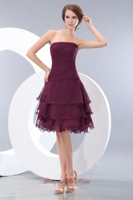 Layered Knee-length Burgundy Strapless Bridesmaid Dama Dress