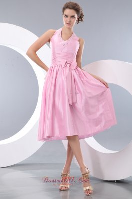 Halter Tea-length Taffeta Pink Bowknot Dama Dresses