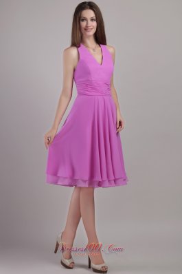 Lavender Halter Knee-length Chiffon Bridesmaid Dama Dresses