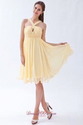 V-neck Yellow Empire Chiffon Beading Prom Dama Dresses