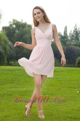 V-neck Baby Pink Mini-length Chiffon Bridesmaid Dress