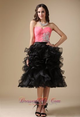 Watermelon Red And Black Ruffles Evening Dress