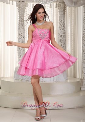 One Shoulder Beading Prom Dress Rose Pink