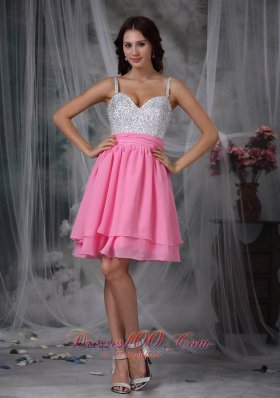 Pink and White Straps Beading Graduation Dress Short