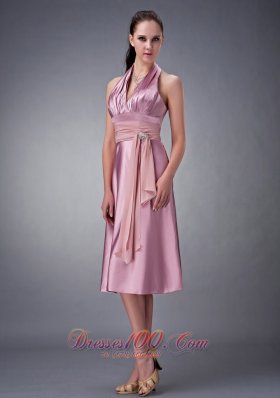 Halter Light Pink Ruches Taffeta Tea Length Prom Dress