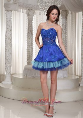 Blue Cocktail Party Dress Layered Appliques Short