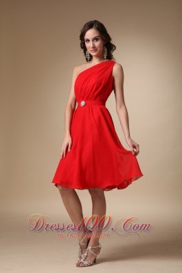 One Shoulder Knee-length Ruched Beading Prom Dress