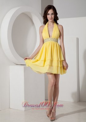 Yellow Deep Neck Empire Cocktail Graduation Dress Halter Under 100