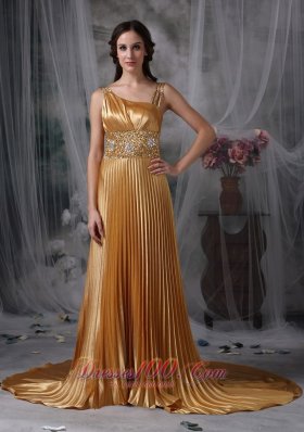 Gold Pleats Celebrity Evening Dress Beading Straps