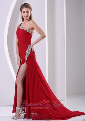 Beaded One Shoulder Wine Red High Slit Prom Evening Dress