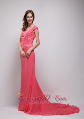 Appliques Coral Red V-neck Chiffon Prom Evening Dress