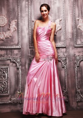 Rose Pink One Shoulder Beaded Evening Dress For Prom
