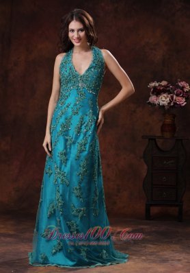Halter Appliques Turquoise Prom Celebrity Dress With Brush Train