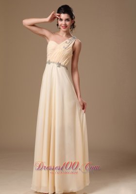 Beaded One Shoulder Ruch Champagne Prom Evening Dress